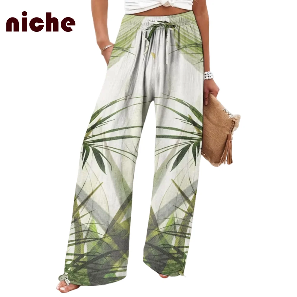 Elegant Ladies Beach Pants Fresh Bamboo Leaf Graphic Printing High Quality Cotton And Linen Soft Trend New Loose Wide Leg Pants