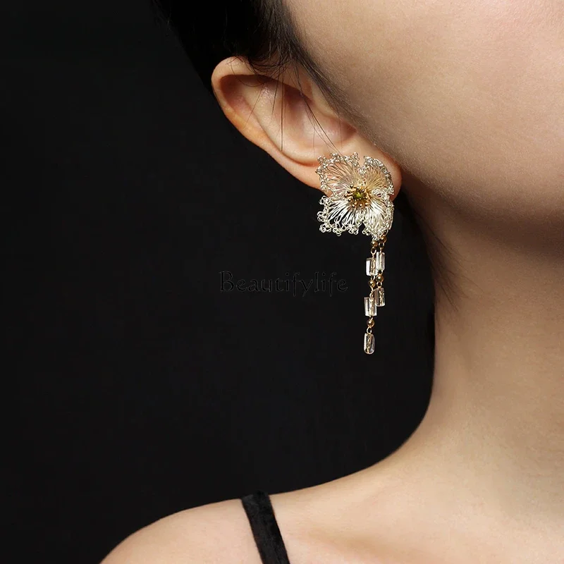 Original hand-crocheted tassel s925 silver stud earrings female new Chinese mountain plum blossom national style advanced