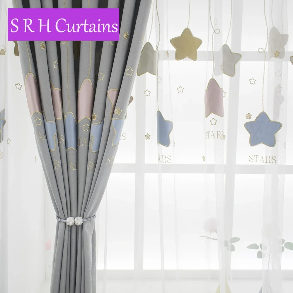 

Cartoon Linen Grey Stars Embroidered Kid Bedroom Blackout Curtains For Living Room Balcony Window Drapes Sheer Tulle Curtains