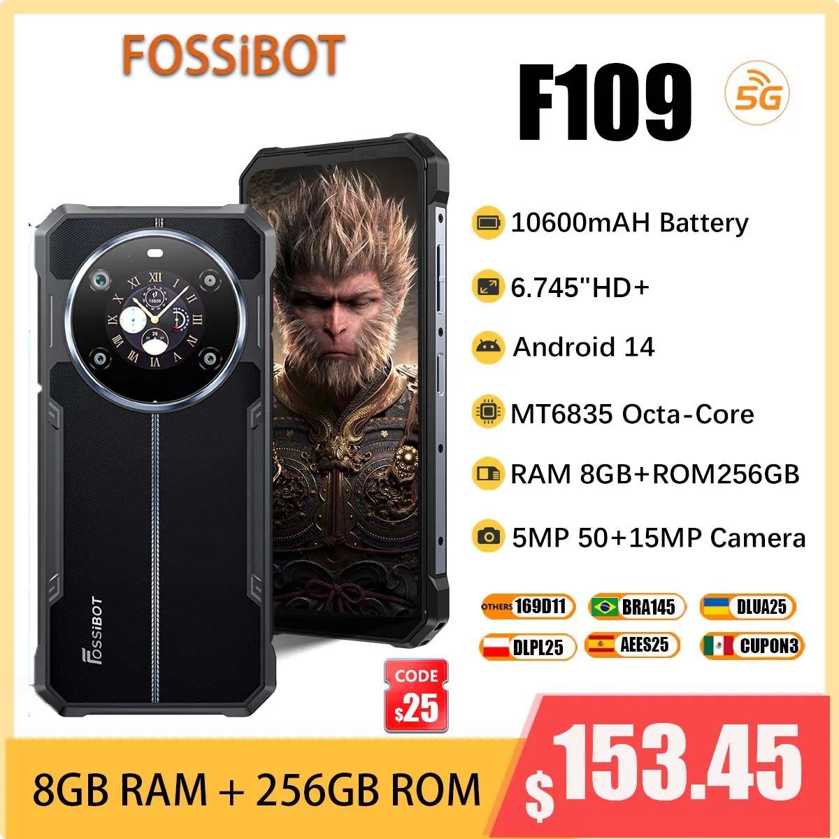 Fossibot F109 5G Rugged Phone 10600mAH Battery 6.75 Inch Display Cell Phone 8GB RAM+256GB ROM Android 14 NFC Mobile Phone