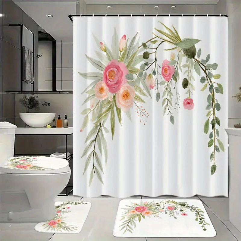 

Набор для ванной комнаты из 4 предметов с занавеской для душа, 12 крючков, напольным ковриком, чехлом на сиденье унитаза и декоративными аксессуарами - акварельный цветочный Wr
