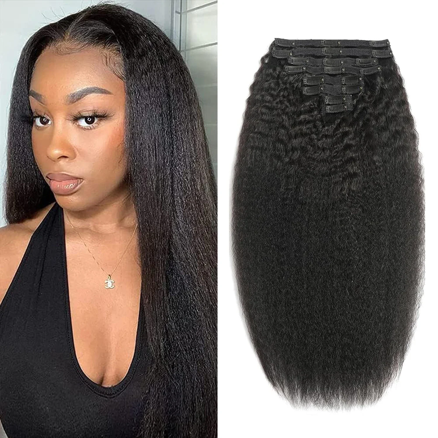 

Кудрявые прямые заколки для наращивания волос, натуральные черные заколки с двойным утком для женщин, 120 г, 8 шт., бесшовные зажимы для наращивания волос