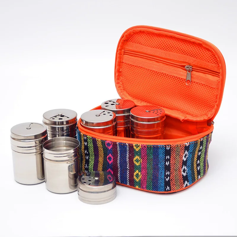 Portable Spice Bag with 6 Spice Jars, Condiment Container Set for Outdoor Camping BBQ Picnic，Stainless steel