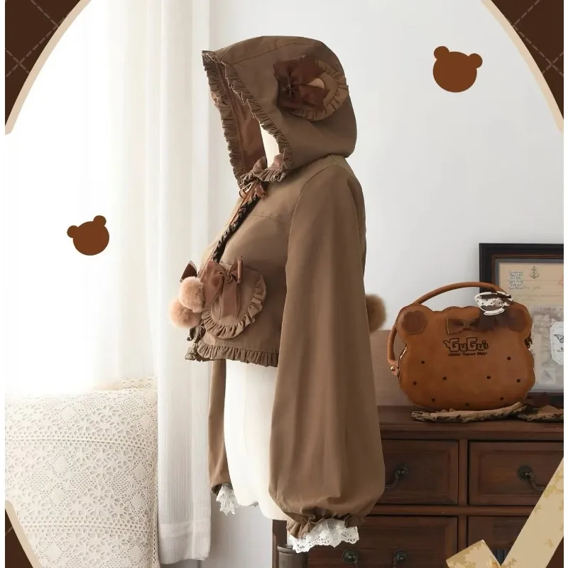 

2026 New Bear Ear Hooded Sweet Cute Girl Bow Short Jacket and High Waist Brown Pleated Mini Skirt Lolita Two-Piece Set
