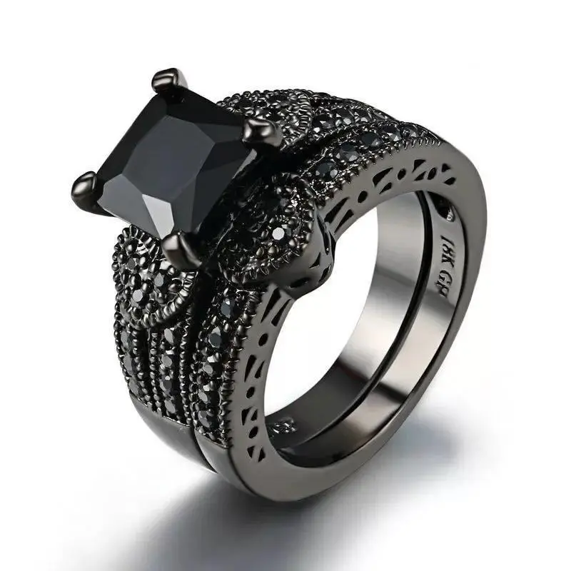 2 Pcs Punk Stainless Steel Rhinestone Princess Cut Ring Set Black CZ Wedding Engagement Band Black Gold Plated Bridal Rings Set