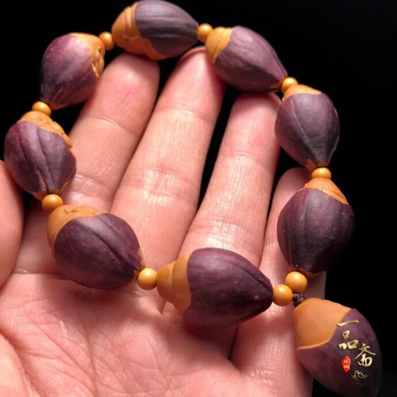Exquisite Hand Carved Natural Purple Skin Olive Pit Eight Maitreya Buddha Bracelet Men Chinese Wenwan Worry Bead Lucky Amulet