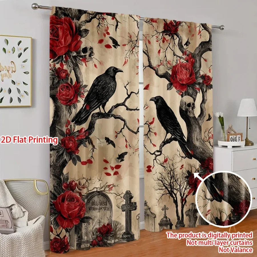 2PCS Digital Printed Curtains, Crows Red Roses Skulls Graveyard Tombstones, Dark Victorian Halloween Window Decor Bedroom