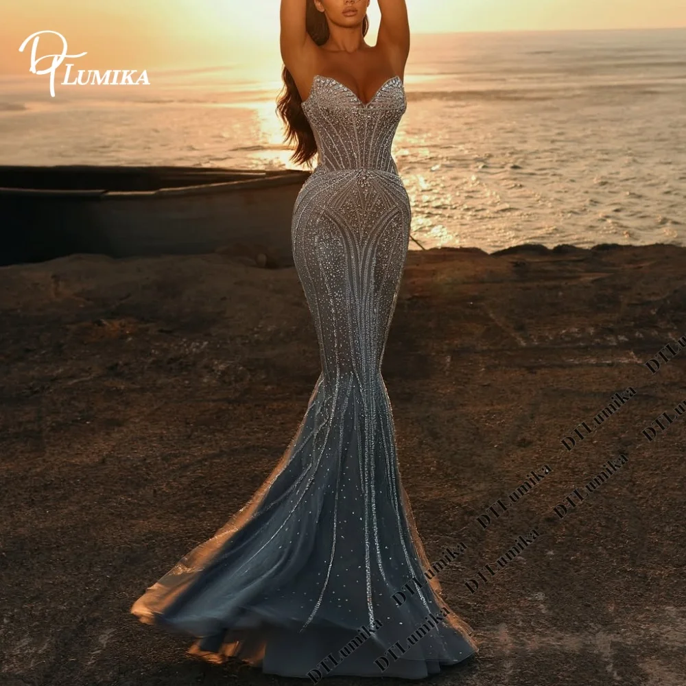 DTLumika Sheer Tulle Mermaid Evening Dress Sweetheart Silver Gradient Rhinestone Prom Dress Corset Bodice Flowing Party Gowns