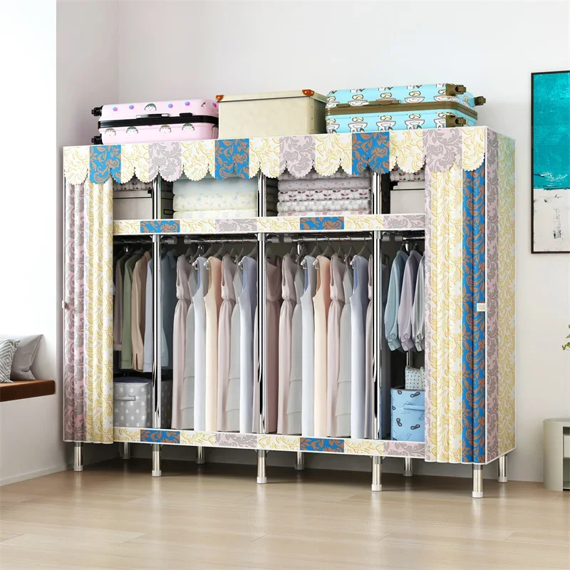 4-Column Collapsible Portable Canvas Wardrobe with Steel Frame Foldable Clothes Hanging Closet Mobile Cupboard