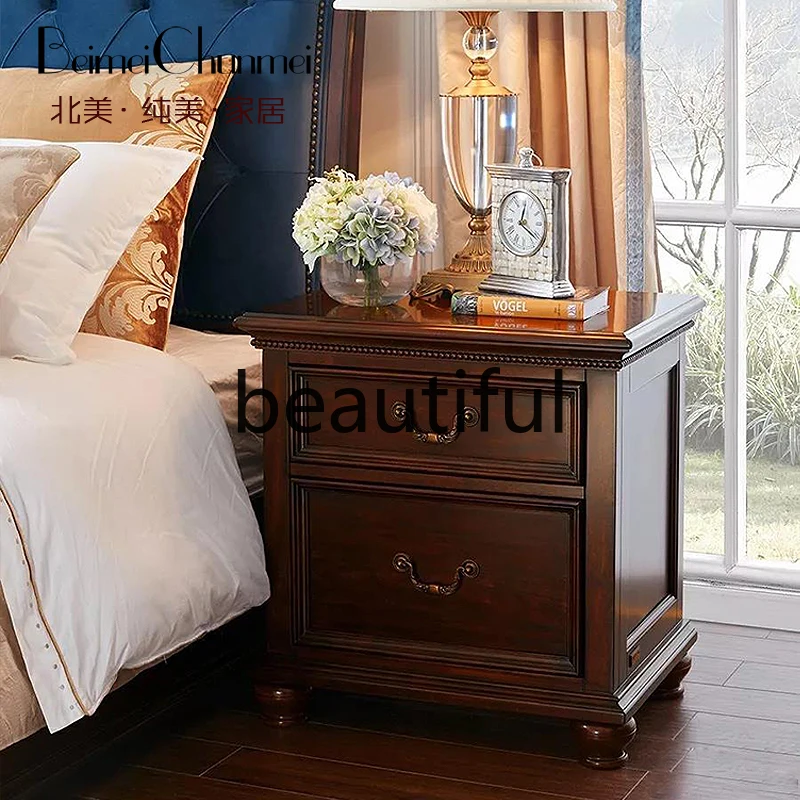 North American classic American country all solid wood old cherry color double draw bedside table villa bedside table