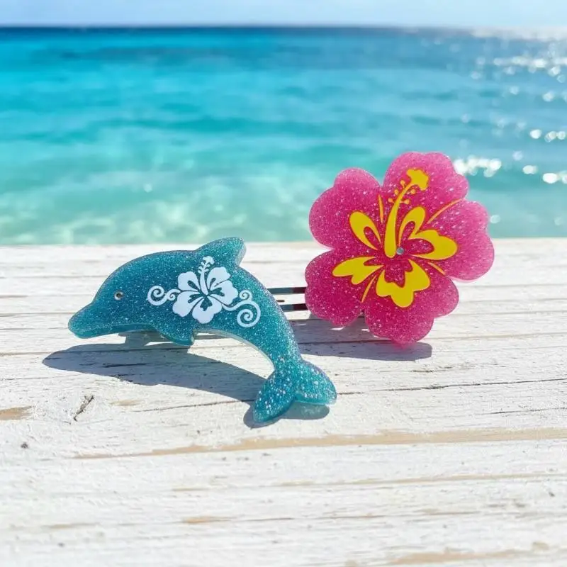 Cute Dolphin Glitter Hair Clips Adorable Blue Pink Hibiscus Flower Barrettes for Women Girls Holiday Gift Hair Accessory
