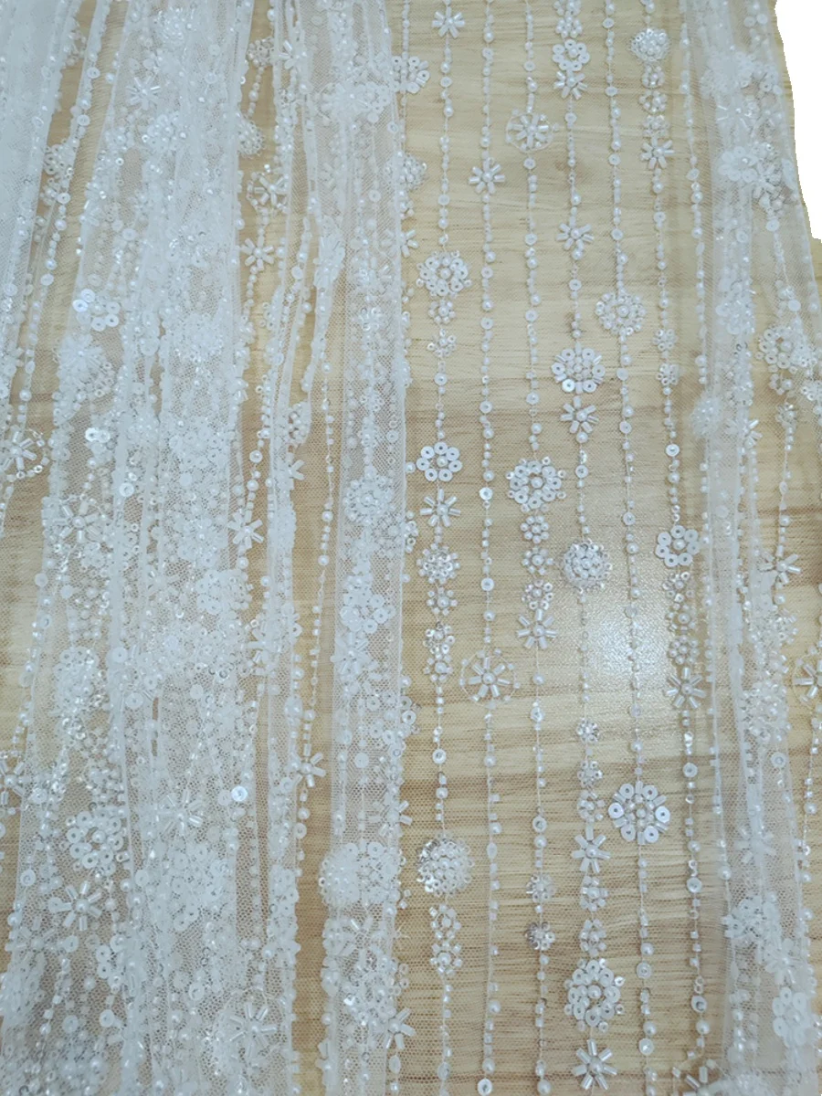 Milk White Sequins Beading Cloth, Bridal Dress Accessories, Striped Flower, 3D Lace Fabric