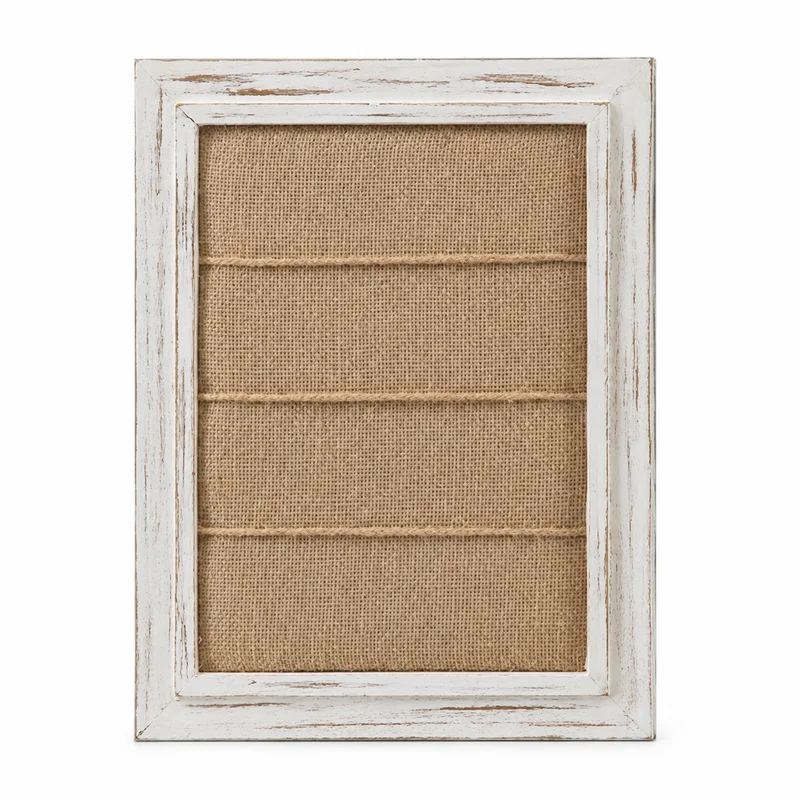 Vintage Burlap Jewelry Display Board, Distressed White MDF Fir Veneer Frame Wall Mounted Earring Photo Memo Organizer Home Decor
