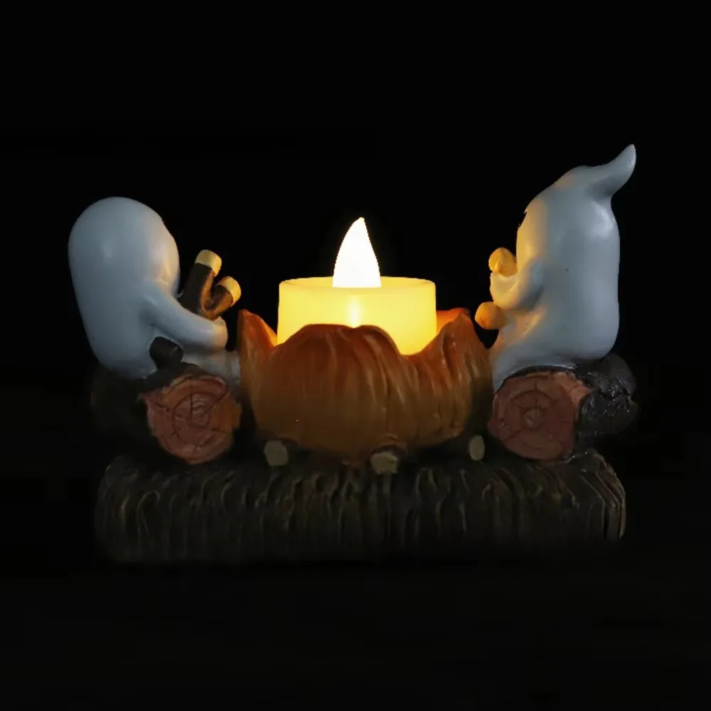 Cartoon Ghost Campfire Flickering Candle Holder Resin Removable Firewood Pile Halloween Desk Ghost Torch Figurine Decorative