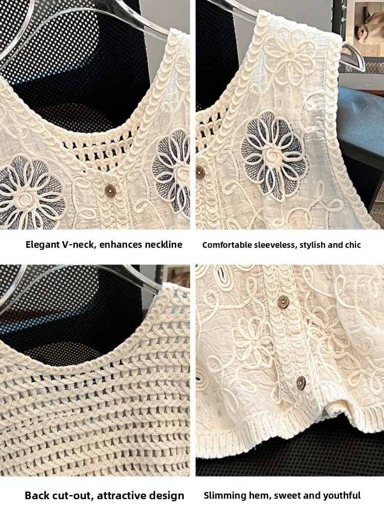 Wyrafinowany haft, ażurowy, dzianinowy top bez rękawów, damski letni top w stylu koreańskim, luźny krój, detale z guzikami, dekolt w serek.