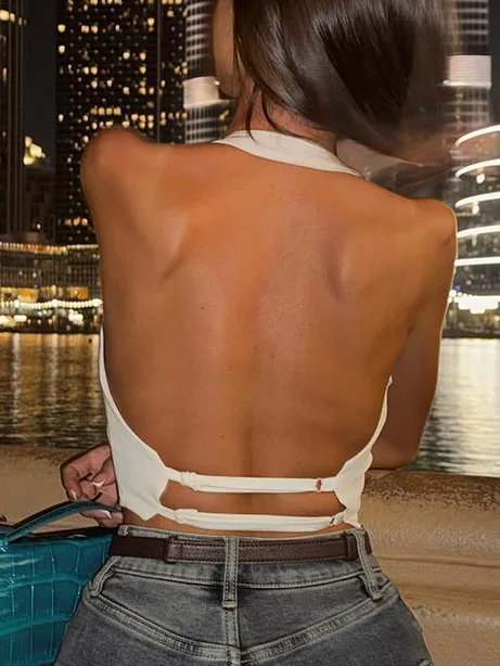 Women Y2K Elegant Halter Top Deep V Backless Button Front Cropped Tank Top Sexy Club Party Office Streetwear