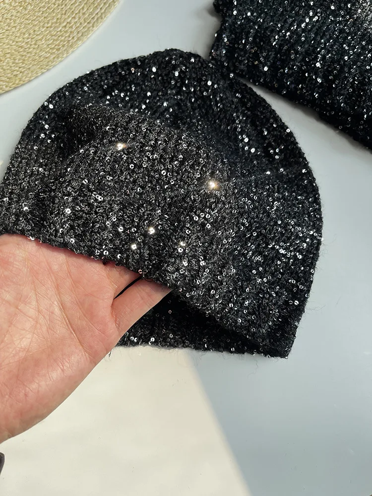 Korean Sequined Knitted Beanie Lady Y2K Stree Hip-hop Personality Warm Skull Hat Brimless Pullover Girls Cool Bling Caps Women