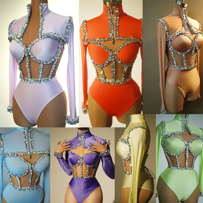 

New Drag Queen Outfit Crystal Bodysuit Nightclub Bar Gogo Dancer Clothing Multi-Colors Stretch Pole Dance Costume yj005