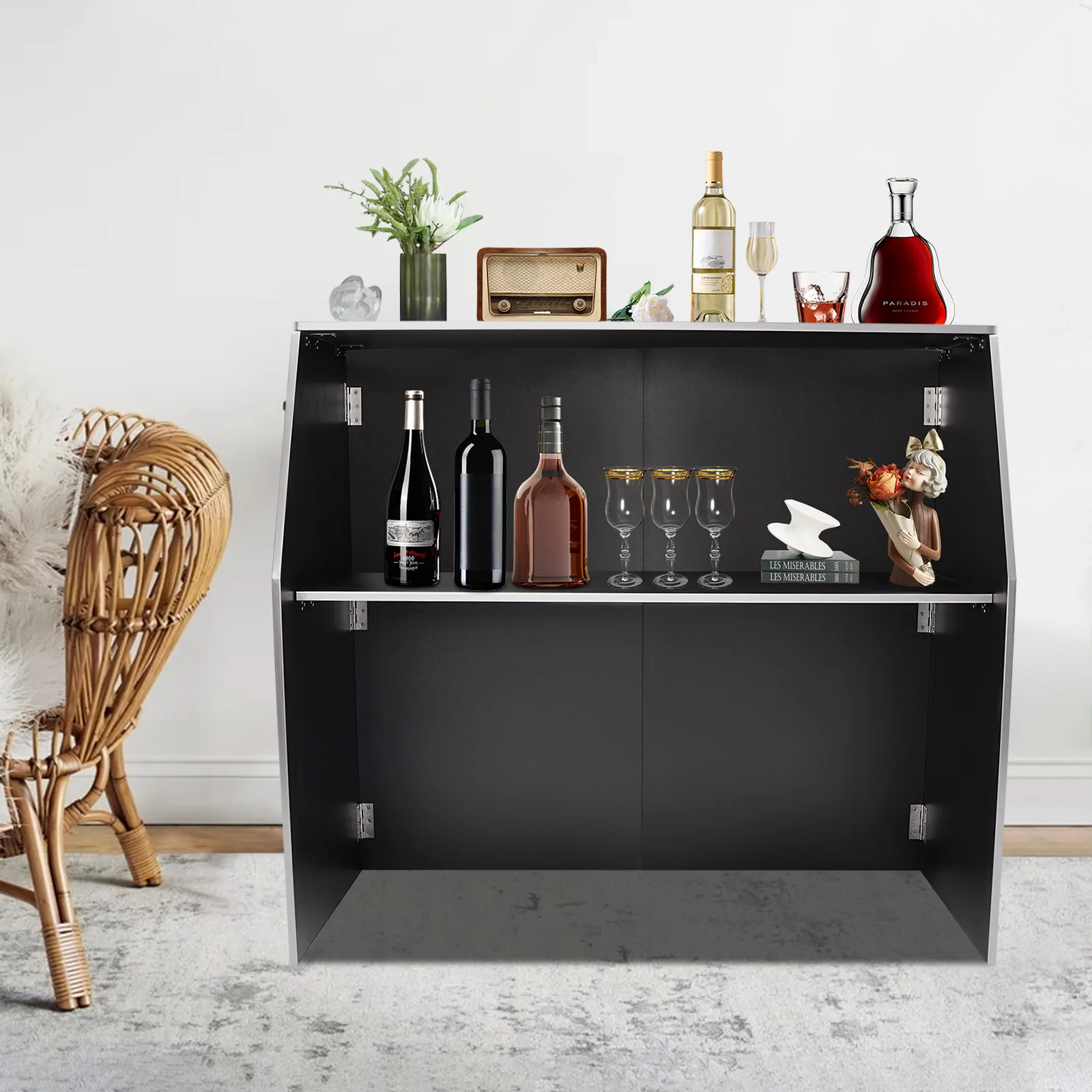 

Portable Bar Cabinet – 19.5" x 47.75" x 42.75", Black Particle Board with White Aluminum Trim