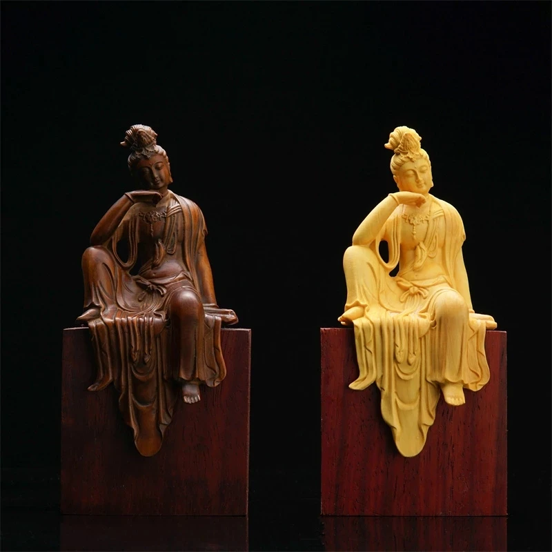 Sitting Guanyin Bodhisattva Statue Solid Wood Figure Handmade Carved Buddha Statue Home Decoration Crafts Kuan Yin