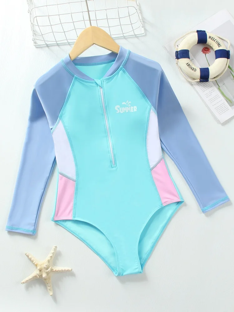 One Piece Kids Girls Swimsuit 2026 New Solid Long Sleeves Bodysuit Children Swimwear Summer Monokini Beach Bathing Suit Swimming