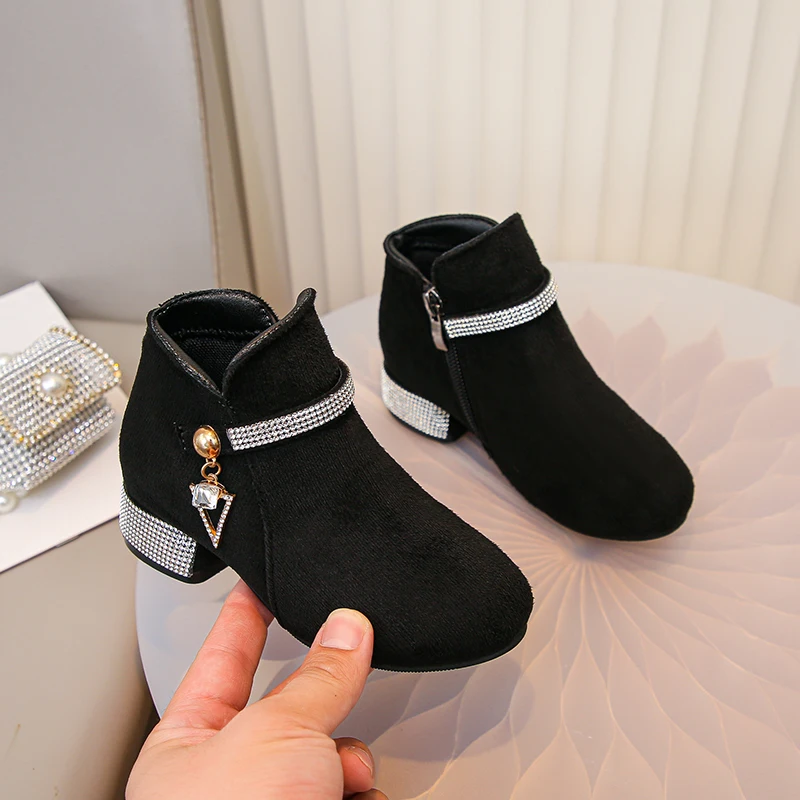Children's Fashion Boots 3-18 Years Old Black Medium Heel Students Girls High Heels Size 27-36 Fashion Hundred Kids Girls Boots