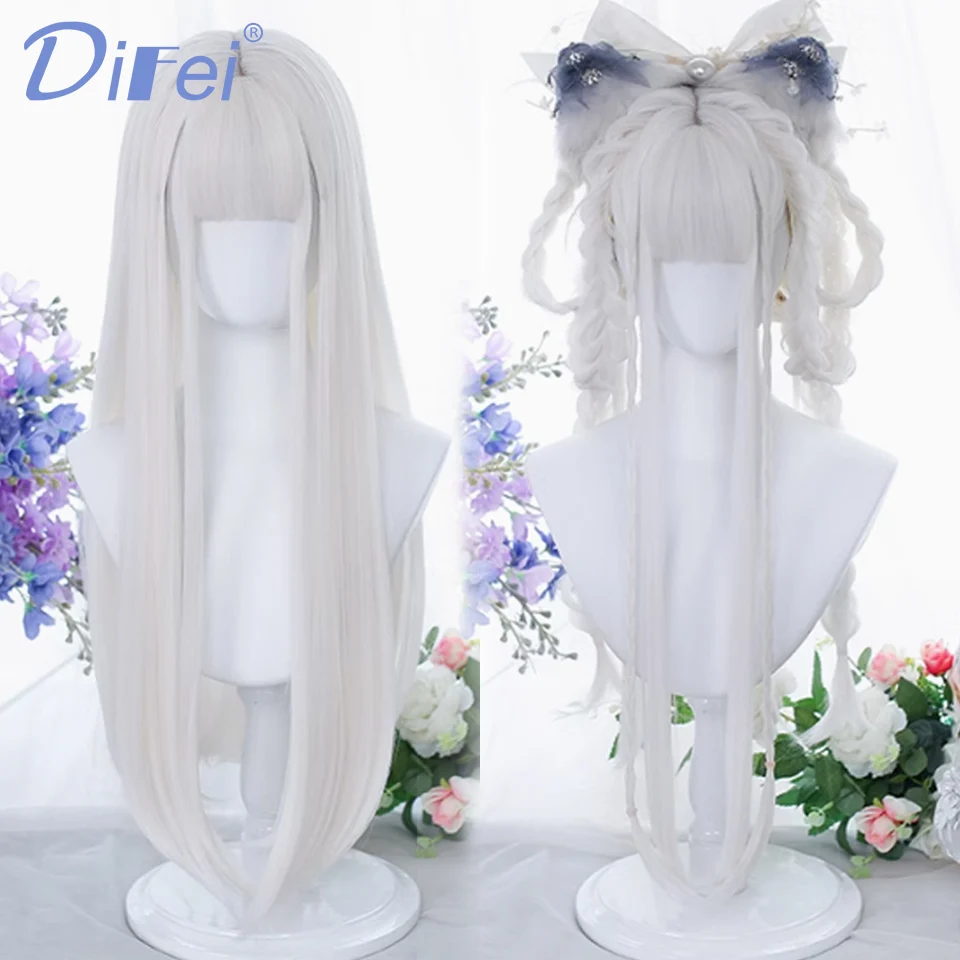 DIFEI White Long Straight Synthetic Wig Female Elegant And Fresh Lolita Straight Bangs Straight Hair Cosplay Party Wig