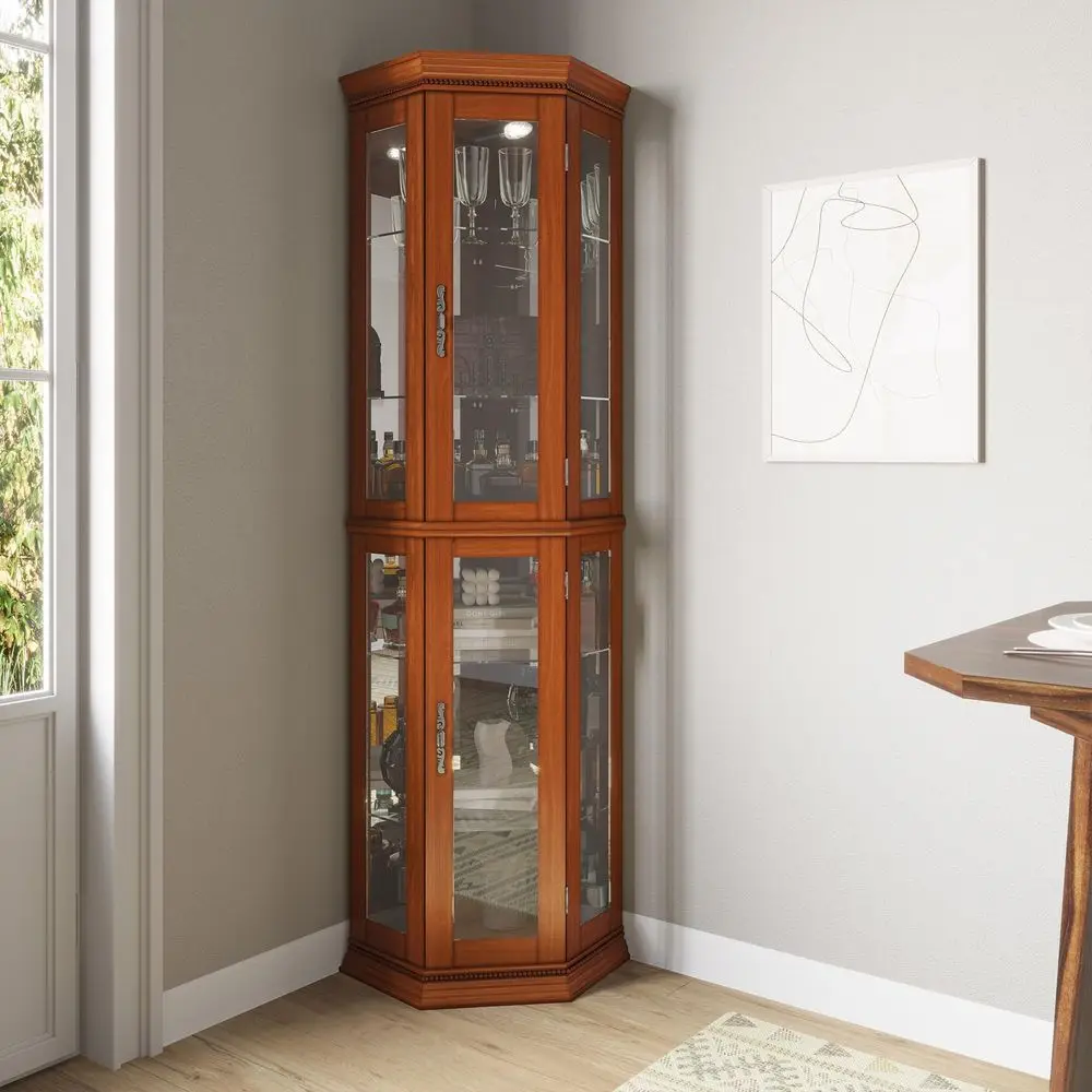 

Lighted 3Side Glass Display Curio Cabinet w Tempered Glass Doors and Shelves, Accent Wooden Corner Cabinet with Bulb, Corner St