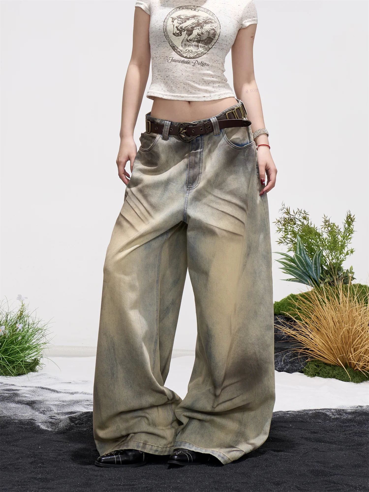 

Женские джинсы с низкой посадкой, широкими штанинами, рваные, свободного кроя, визуально стройнящие, сексуальные, в пол, в американском ретро-стиле