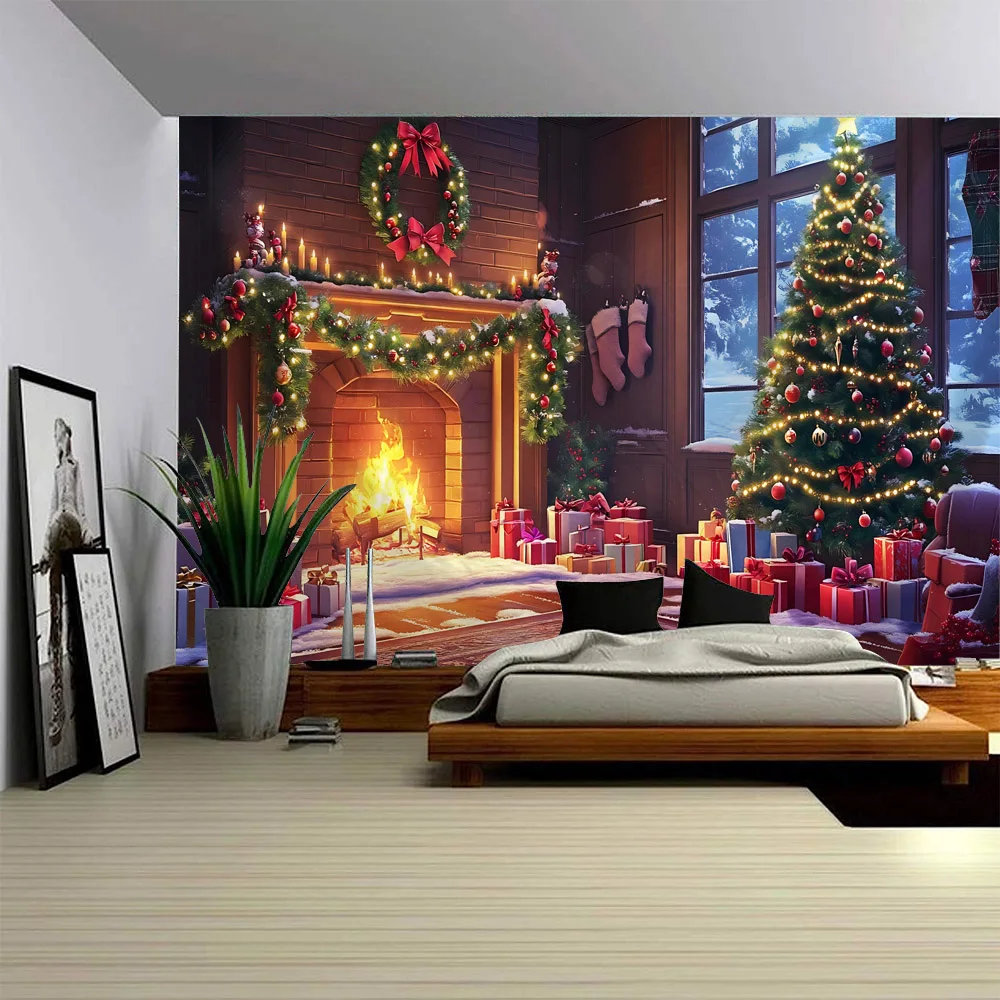 

Christmas tree, fireplace, tapestry, holiday decoration, wall decoration, Christmas gift, bedroom, dormitory wall decoration