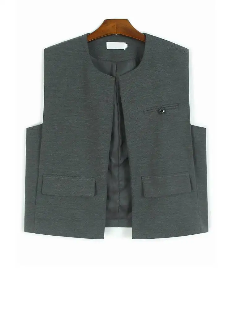 

Женский серый, черный однотонный элегантный жилет большого размера, новый модный жилет без рукавов с круглым вырезом, весна-осень