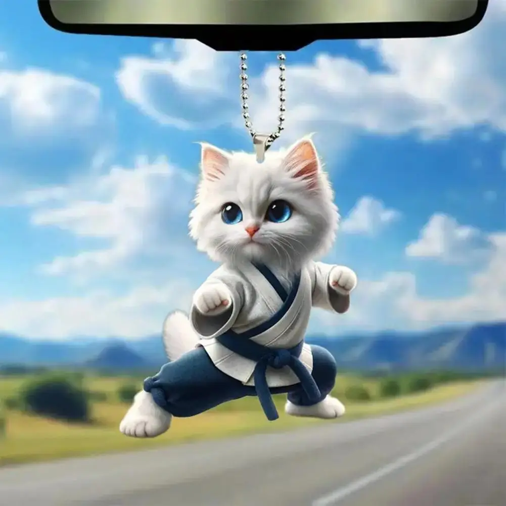 

Cat Hanging Decoration Flat Cat Pendant Cartoon Kung Fu Cat Acrylic Ornament for Christmas Tree Car Rearview Mirror