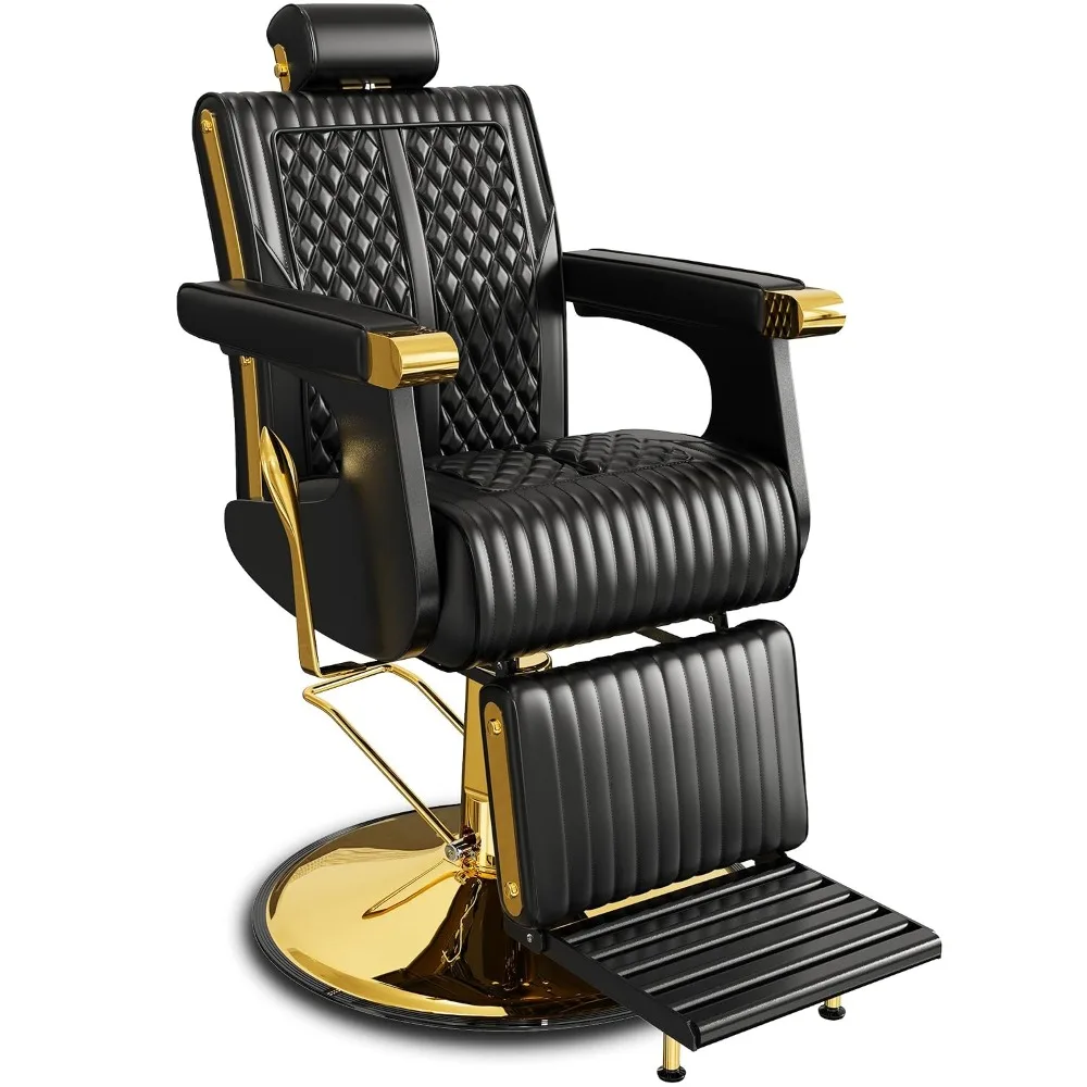 Classic Gold Reclining Barber Chair, Luxury PU Upholstery & Swivel Base, 440 lbs Capacity, Custom