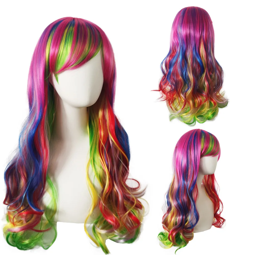 Soowee Synthetic Hair Ombre Rainbow Cosplay Wig with Bangs Red Yellow Purple Green Blue Wigs for Black Women