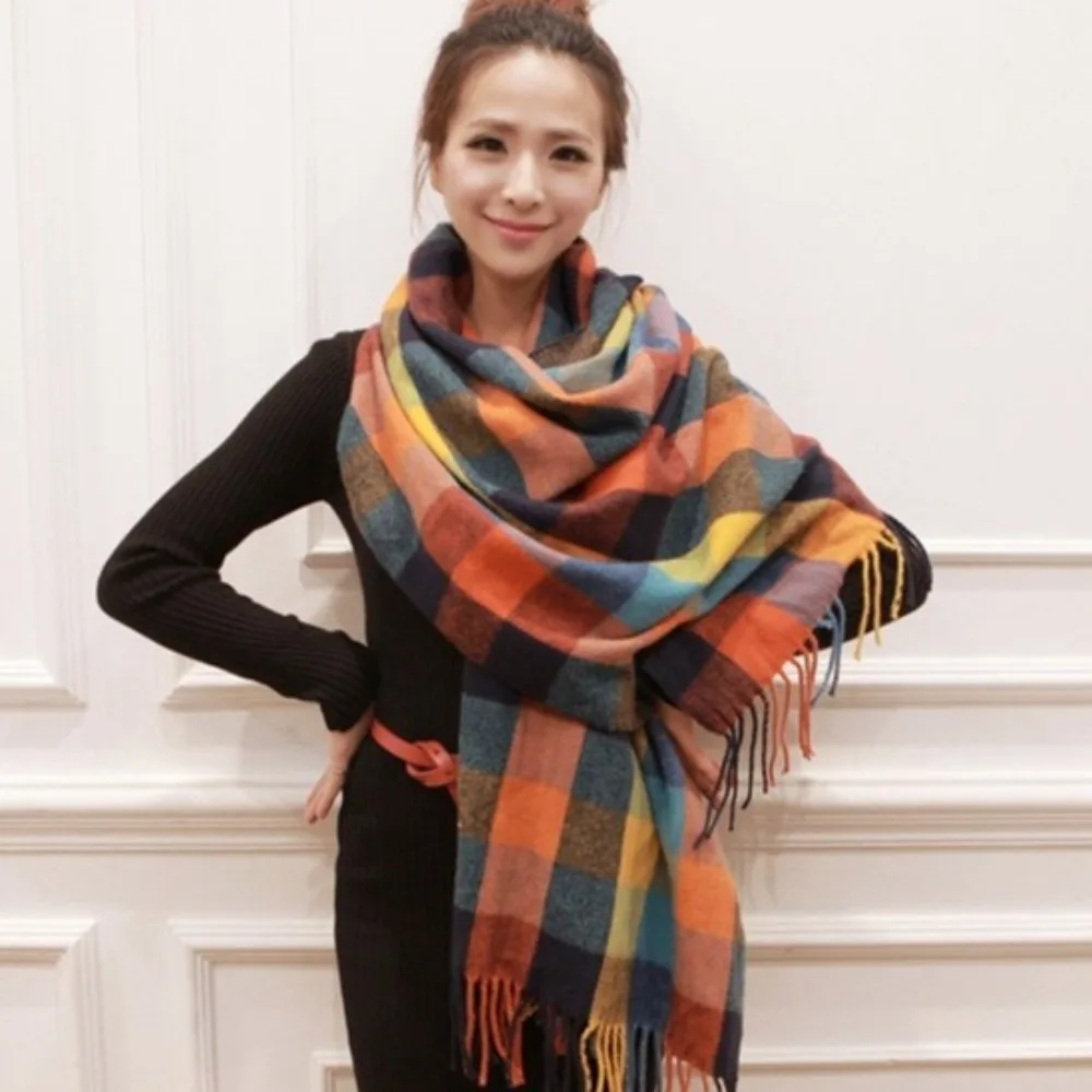 

Fashion Windproof Plaid Scarf Thick Keep Warm Imitation Cashmere Shawl Korean Style Tassel Shawl Wrap Apparel Accessories