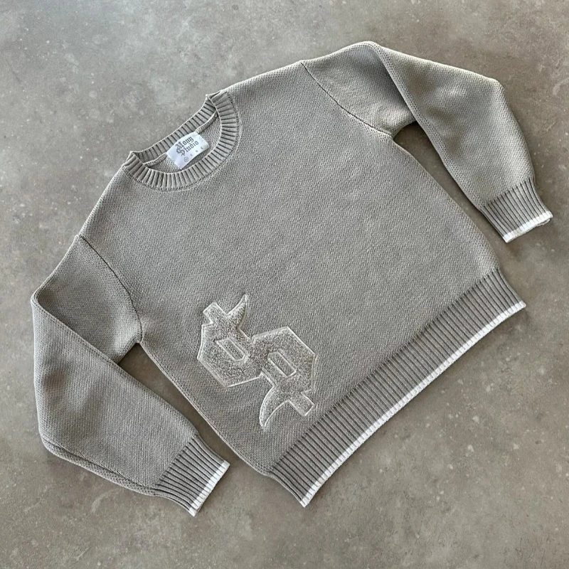 

Y2K Round Neck Gray Knitted Sweater New Popular Symbol Pattern Retro Harajuku Pullover Autumn Winter Warm Boxy Men's Clothing