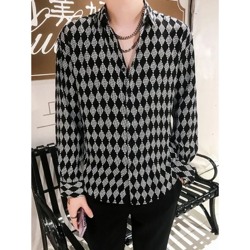 Spring Autumn Fashion Pure Cotton Turn-down Collar Long Sleeve Diamond Check Blouse Men\'s Clothing Trend Button Vintage Shirts