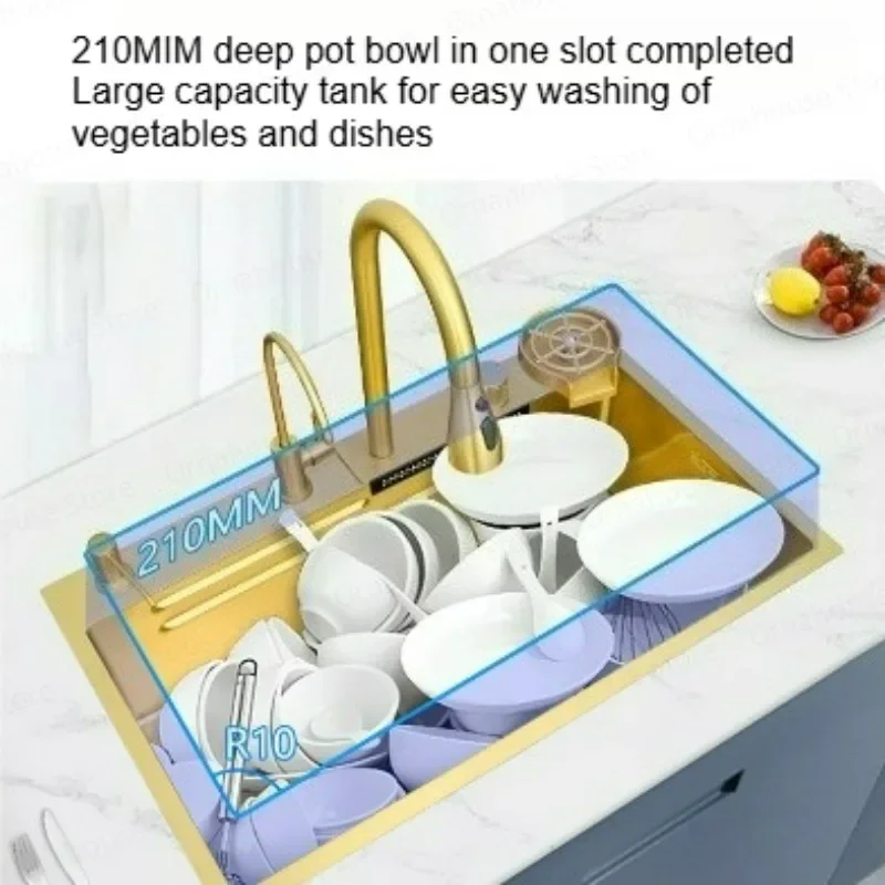 Luxury Gold Stainless Steel Kitchen Sink Multi-Functional Double Bowl Large Single Household Dish Washing Vegetable Basin