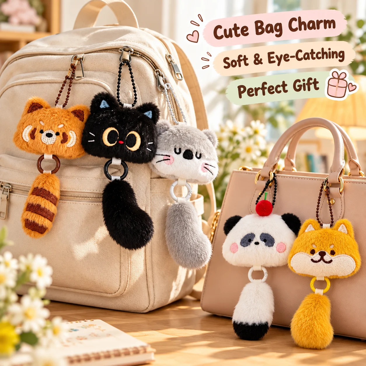 Animal Tail Keychain with Beaded Chain, Cute Kawaii Pendant, Versatile Bag Charm for Girls