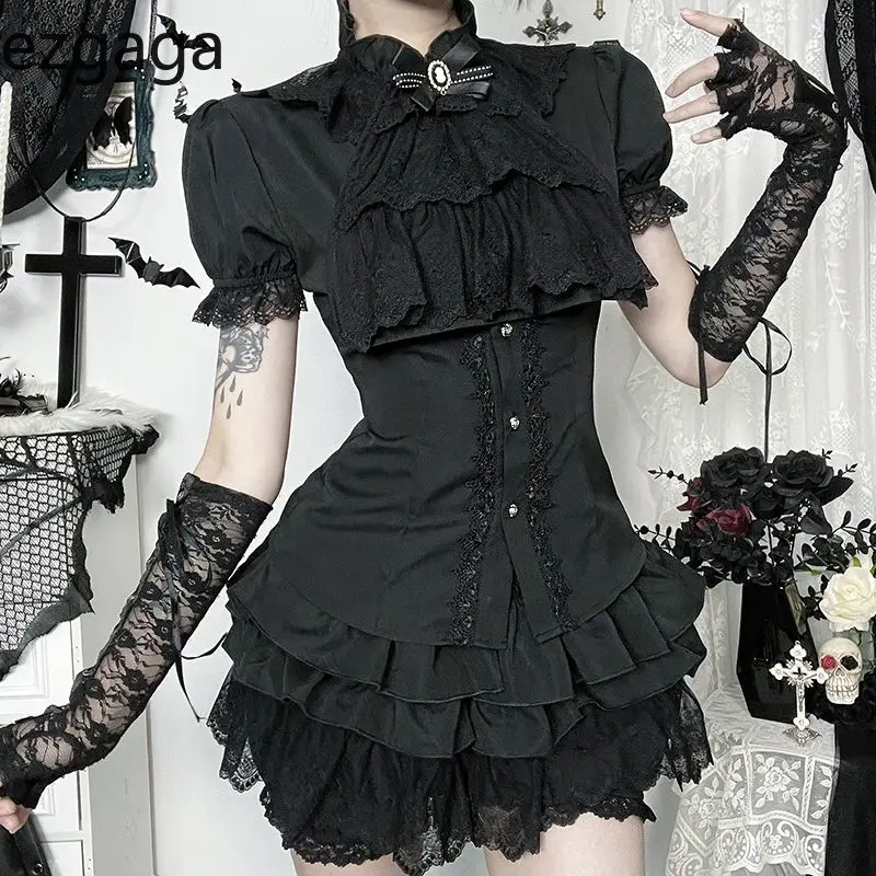

Kimutomo Lace Patchwork Vintage Shirt Women Y2k Aesthetic Ruffled Collar Blouse Harajuku Bandage Bodycon Tops 2025 Lolita Blusas