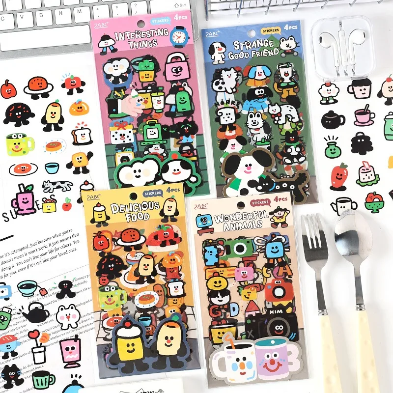 4pcs Cute Cartoon Sticker for Scrapbooking Sweet Kitten Puppy Journaling Decals |Kids DIY Phone Case Laptop Sticker Sheets