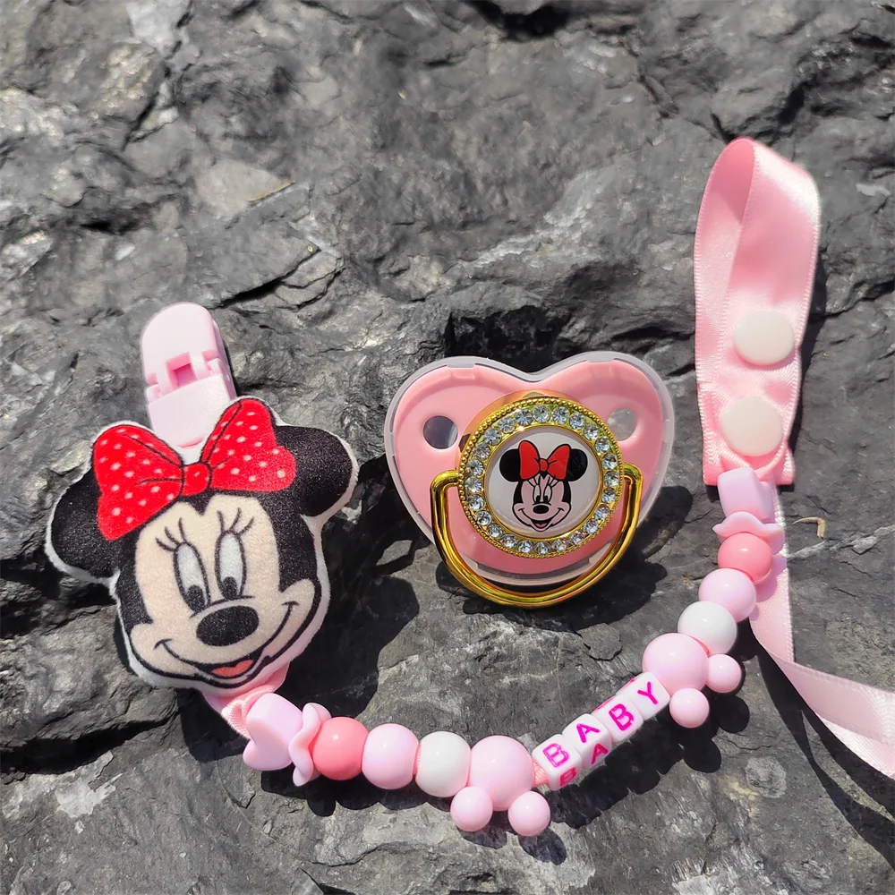 2023 Hot Pink Minnie Mouse Plush Pacifier Toddler Girl Babi Animal Cartoon Cute Beaded Pacifier Clip with Personalized Name Gift