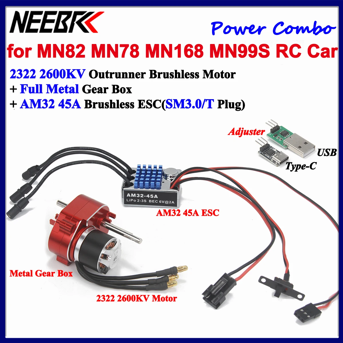 1/12 RC Car MN82 MN78 MN168 MN99S MN98 Full Metal Gearbox 2322 2600KV Brushless Motor AM32 45A ESC Combo for RC Crawler Upgrade