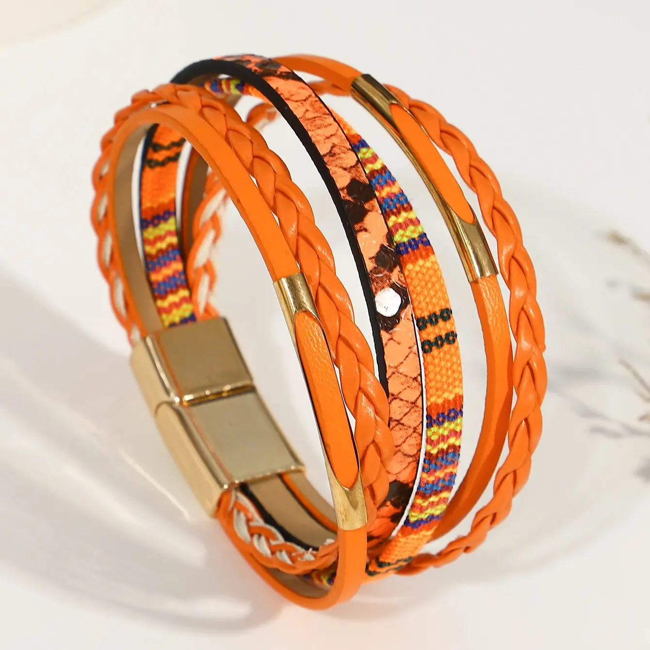 Amorcome Multilayer Braided Wrap Bracelet for Women Men Charm Orange Color Leather Bracelets & Bangles Female Jewelry Gifts