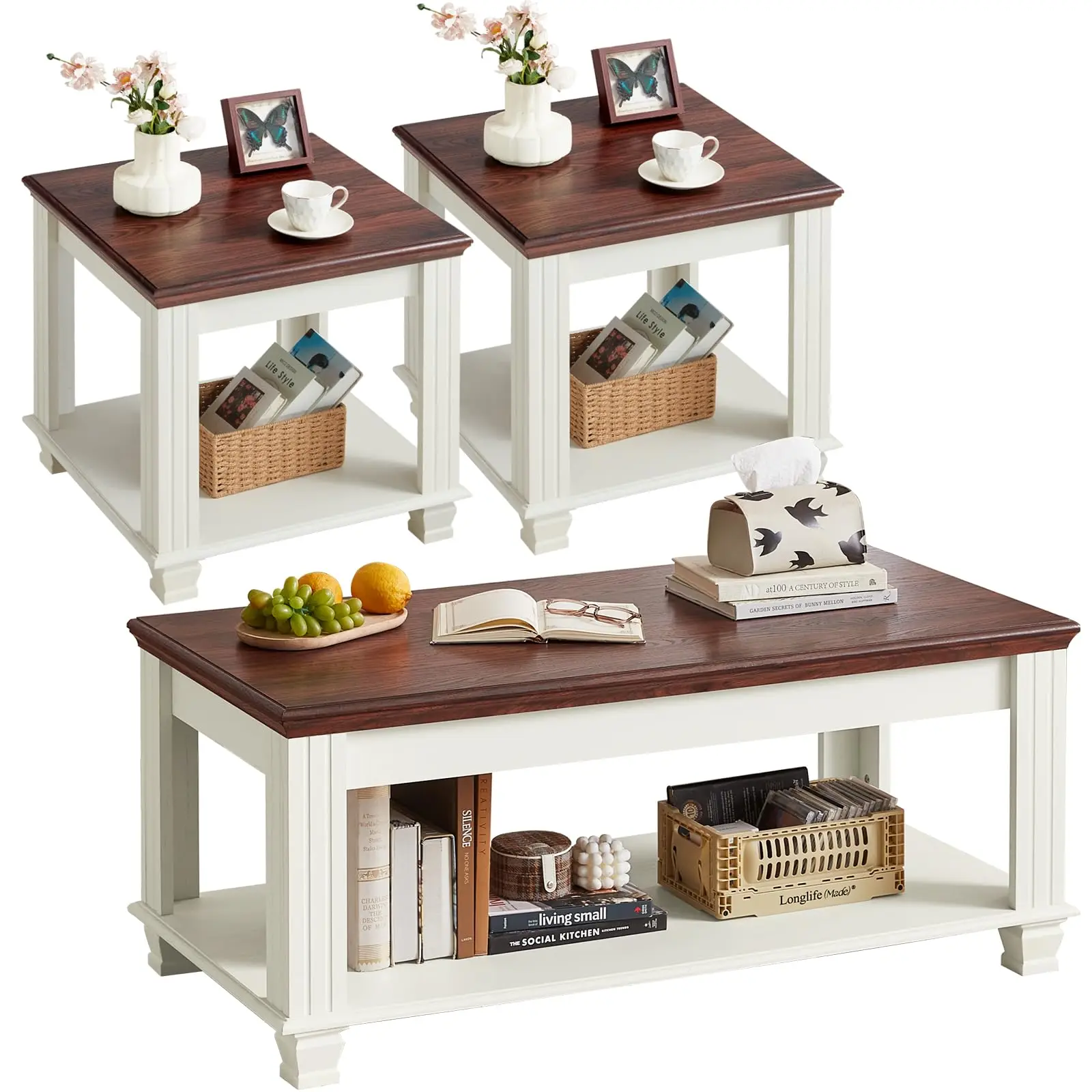 Farmhouse Coffee Table Set of 3, Black | Rustic Wood 3 Piece Coffee and End Table Sets with Open Shelf for Living Room