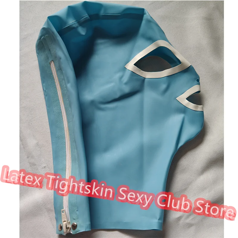 Latex Rubber Hoods Open Eye Mouth Lake Blue with White Trim Sexy Headgear Handmade Women Halloween Cosplay Costumes