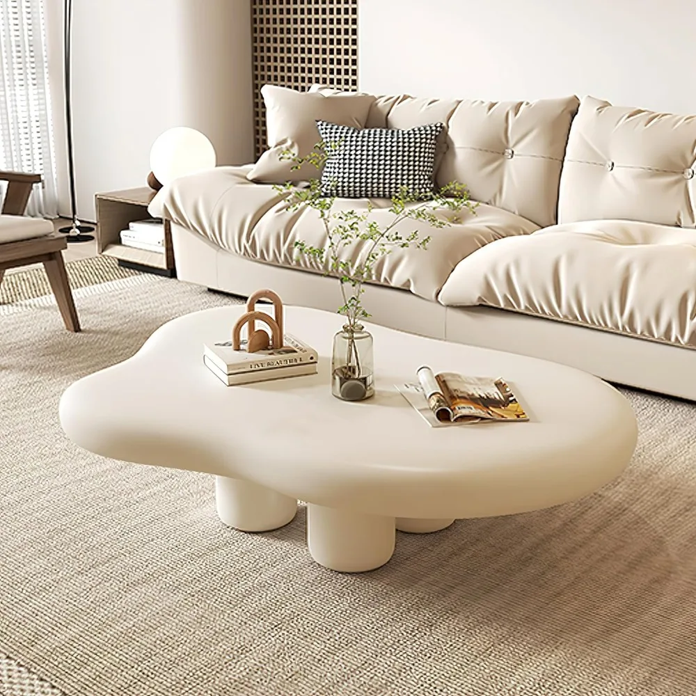 

48 Inch Cloud Coffee Table, Modern Cream Coffee Table for Living Room, Large Wood Coffee Side Table with Irregular Tabletop