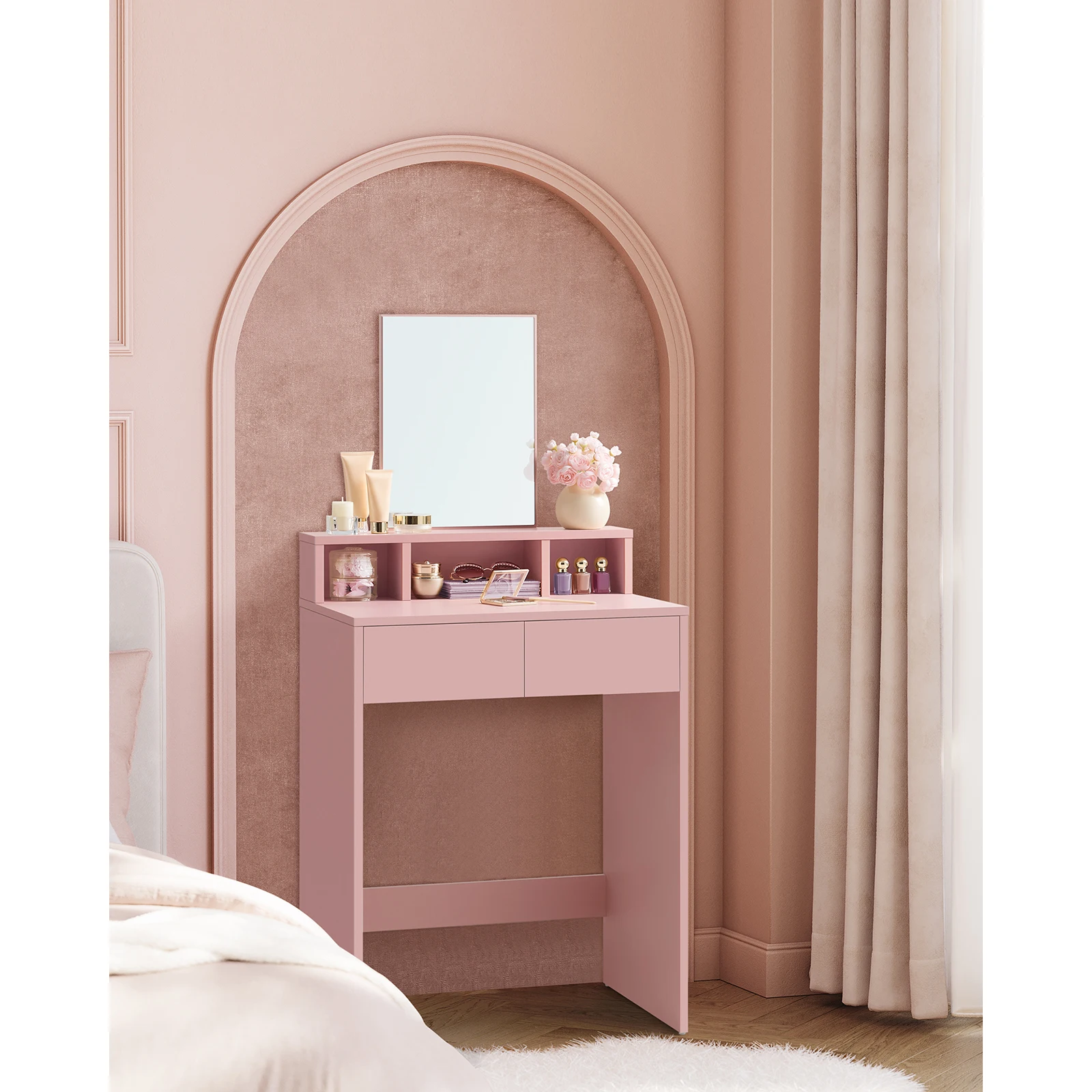 VASAGLE Dressing Table with Large Rectangular Mirror, Vanity Table with 2 Drawers and 3 Open Compartments, Vanity Table