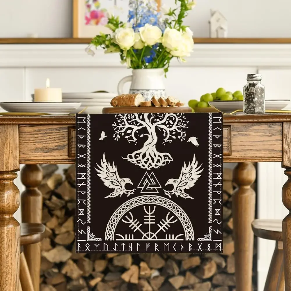 Black Viking Tree of Life Linen Table Runners Holiday Party Decor Washable Dining Home Table Runners Dresser Scarf Decorations