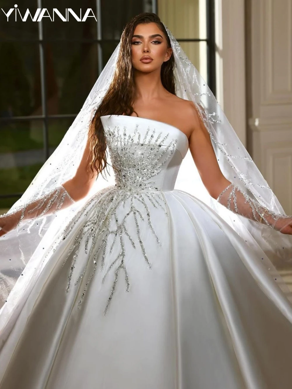 Silver Embroidery Ball Gown Wedding Dress Elegant Strapless Satin Long Bridal Gown Customized Sleeveless Dresses For Bride